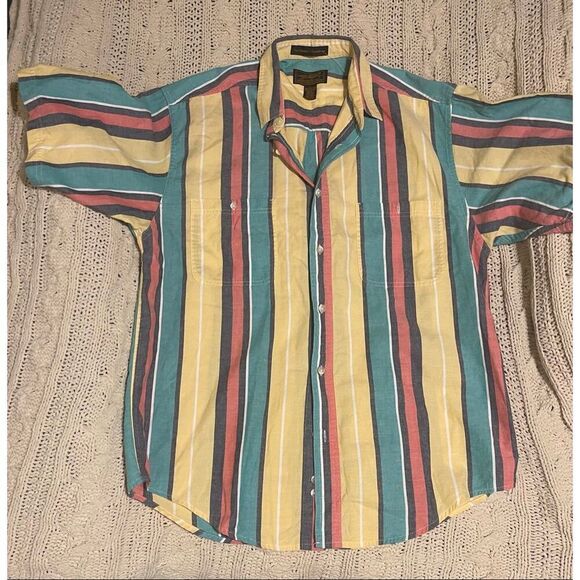 VTG 90’s Eddie Bauer Northwest Chambray Bold Striped Short Sleeve Button Down Co - Picture 2 of 8